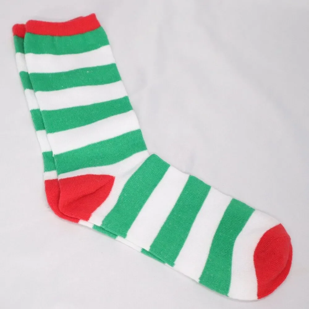 Striped Crew Socks Green White w Red Toe/heel Size 5-10 Holiday Costume
